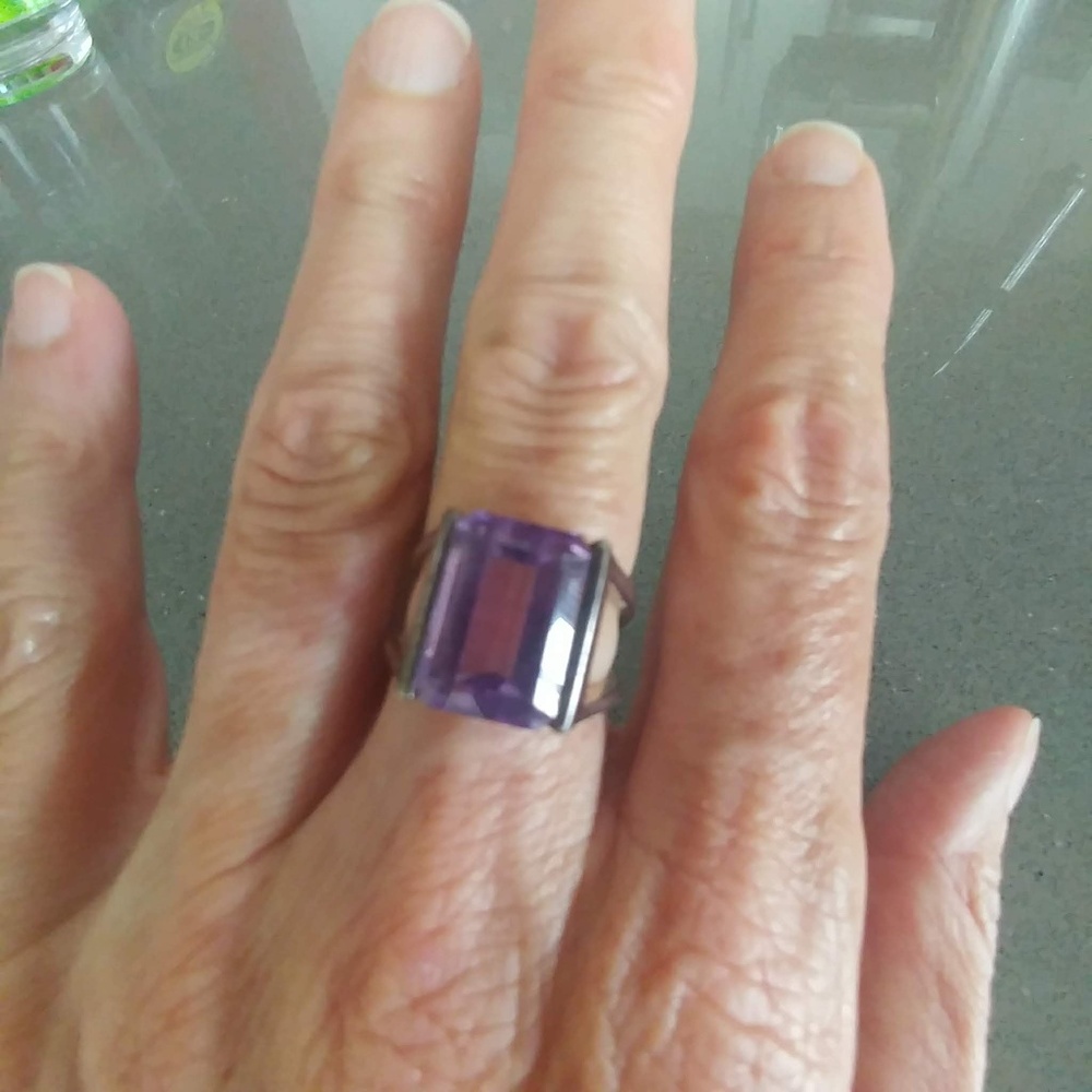 Emerald cut large stone amethyst in sterling silv